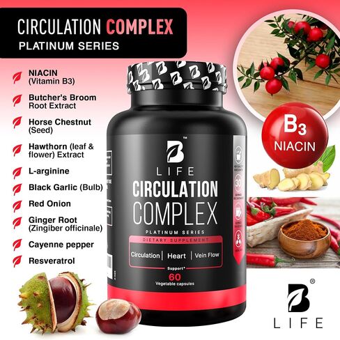 Circulation Support Supplement for Vein & Artery Health | Vascular Support with L-Arginine, Horse Chestnut & Butcher’s Broom | Promotes Healthy Leg Circulation & Vein Function | 60 Capsules in Kuwait
