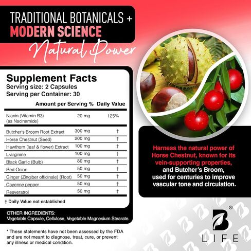Circulation Support Supplement for Vein & Artery Health | Vascular Support with L-Arginine, Horse Chestnut & Butcher’s Broom | Promotes Healthy Leg Circulation & Vein Function | 60 Capsules in Kuwait