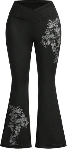 Wdirara Women's Plus Goth Graphic Bell Bottom Pants v Cross High Pherced Yoga Leggings in Saudi Arabia