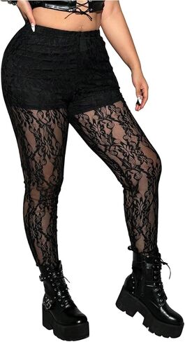 Floerns Women's Plus Size Floral Goth Lace Legging Mesh Sheer Mid Percing Pants in Saudi Arabia