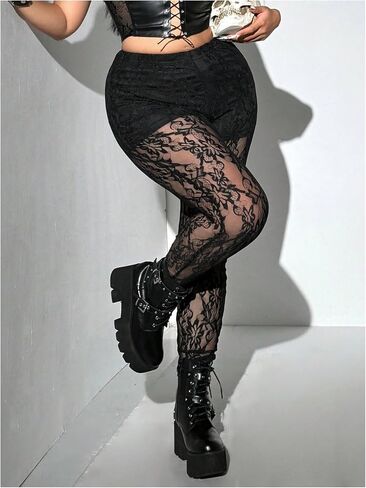 Floerns Women's Plus Size Floral Goth Lace Legging Mesh Sheer Mid Percing Pants in Saudi Arabia