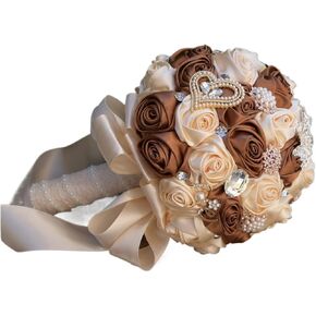 4 Size Champagne and Brown Jewelry Beaded Wedding Flower Bridal Bridesmaid Bouquets Ribbon Bouquets Diamond Brooch Bouquet Cheerfully(F-A1,21cm) in Kuwait