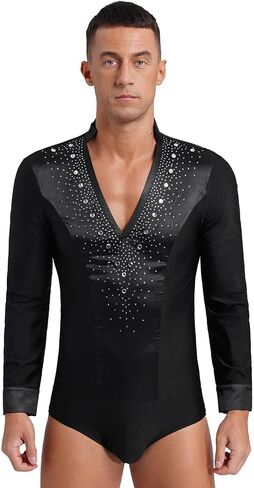 Mens Rhinestone V Neck Dance Shirts Unitard Ballroom Modern Latin Tango Rumba Long Sleeve Leotard Bodysuit Dancewear(Black C,XXL) in Saudi Arabia