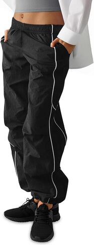Yousify Womens Baggy Parachute Pants Wide Leg Elastic Waisted Contrast Track Pants Y2K Hiking Jogger Sweatpants with Pockets in Saudi Arabia