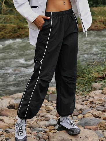 Yousify Womens Baggy Parachute Pants Wide Leg Elastic Waisted Contrast Track Pants Y2K Hiking Jogger Sweatpants with Pockets in Saudi Arabia