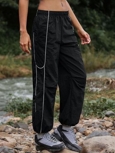 Yousify Womens Baggy Parachute Pants Wide Leg Elastic Waisted Contrast Track Pants Y2K Hiking Jogger Sweatpants with Pockets in Saudi Arabia