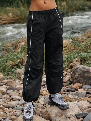 Yousify Womens Baggy Parachute Pants Wide Leg Elastic Waisted Contrast Track Pants Y2K Hiking Jogger Sweatpants with Pockets in Saudi Arabia