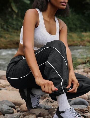 Yousify Womens Baggy Parachute Pants Wide Leg Elastic Waisted Contrast Track Pants Y2K Hiking Jogger Sweatpants with Pockets in Saudi Arabia