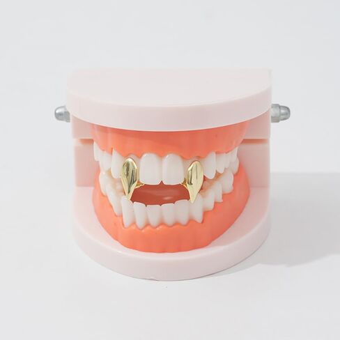 2PCS 14K Gold Plated Hip Hop Teeth Grillz Single Tooth Grillz Caps Vampire Fangs Top and Bottom Teeth Grills for Your Teeth Men Women Rapper Costume in Kuwait