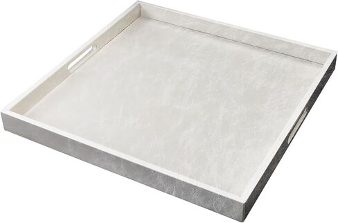35 * 35 inches Leather Rectangle Serving Tray with Hole Handles,High-End Light Large Service Tray for Ottoman Tray, Tea, Food, Butler - Countertop, Kitchen,Family Dinner, Picnic(White) in Saudi Arabia