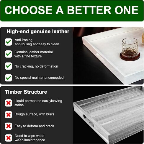 35 * 35 inches Leather Rectangle Serving Tray with Hole Handles,High-End Light Large Service Tray for Ottoman Tray, Tea, Food, Butler - Countertop, Kitchen,Family Dinner, Picnic(White) in Saudi Arabia