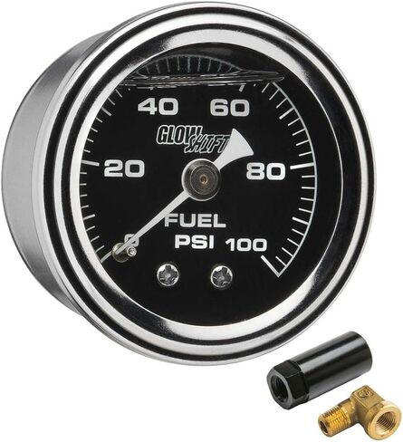 GlowShift Liquid Filled Mechanical 100 PSI Fuel Pressure Gauge Kit with Rail Pressure Adapter for Ford Mustang 1987-2002 5.0L & 2003-2014 4.6L - Black Dial - 1/8-27 NPT Thread - 1-1/2" Diameter in Kuwait