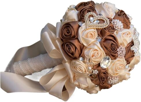 4 Size Champagne and Brown Jewelry Beaded Wedding Flower Bridal Bridesmaid Bouquets Ribbon Bouquets Diamond Brooch Bouquet Cheerfully(F-A1,21cm) in Kuwait