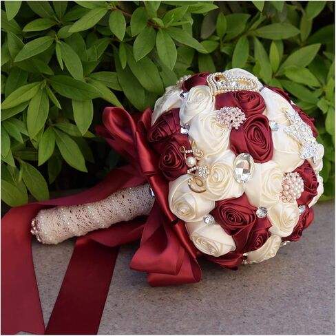 4 Size Champagne and Brown Jewelry Beaded Wedding Flower Bridal Bridesmaid Bouquets Ribbon Bouquets Diamond Brooch Bouquet Cheerfully(F-A1,21cm) in Kuwait