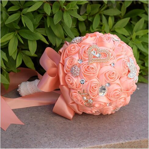 4 Size Champagne and Brown Jewelry Beaded Wedding Flower Bridal Bridesmaid Bouquets Ribbon Bouquets Diamond Brooch Bouquet Cheerfully(F-A1,21cm) in Kuwait