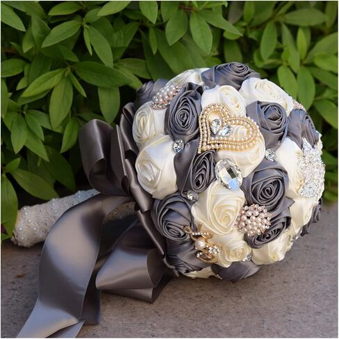 4 Size Champagne and Brown Jewelry Beaded Wedding Flower Bridal Bridesmaid Bouquets Ribbon Bouquets Diamond Brooch Bouquet Cheerfully(F-A1,21cm) in Kuwait