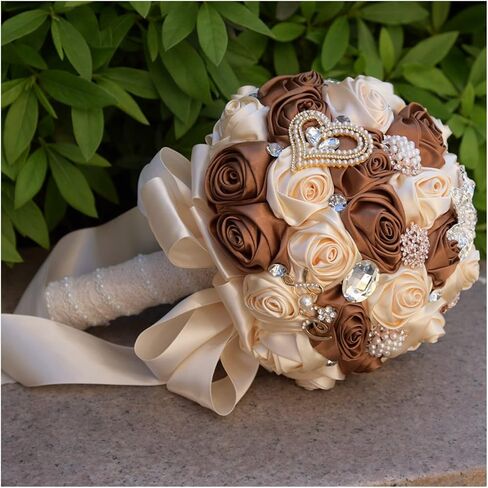 4 Size Champagne and Brown Jewelry Beaded Wedding Flower Bridal Bridesmaid Bouquets Ribbon Bouquets Diamond Brooch Bouquet Cheerfully(F-A1,21cm) in Kuwait