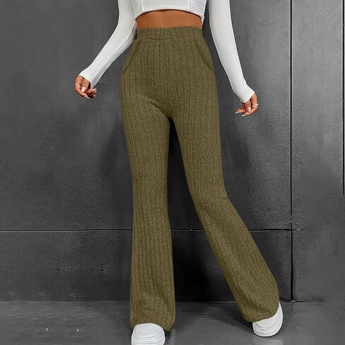 Women Flare Leggings Ribbed Pants High Elastic Waisted Casual Yoga Comfy Pant Bootcut Solid Tummy Control Trousers in Saudi Arabia