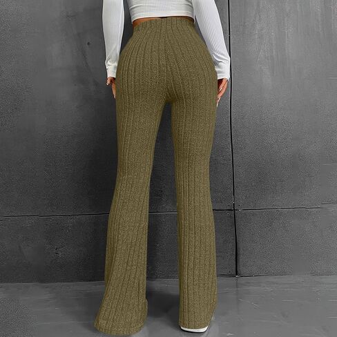 Women Flare Leggings Ribbed Pants High Elastic Waisted Casual Yoga Comfy Pant Bootcut Solid Tummy Control Trousers in Saudi Arabia