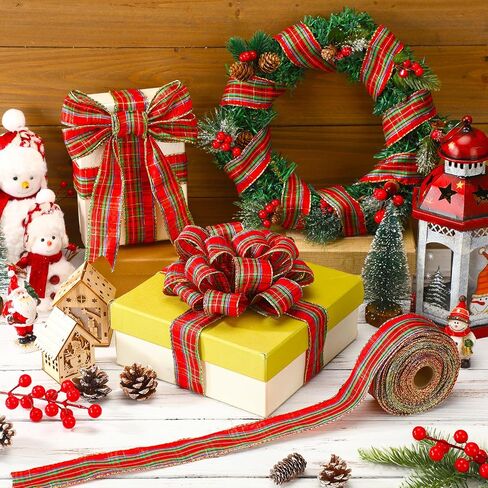 Plaid Christmas Wired Ribbon 2.5 Inches Traditional Red Tartan Plaid Christmas Holiday Ribbon Green Red Gold Plaid with Gold Edge for Garland Home Decor Gift Wrapping DIY Crafts(50 Yard) in Saudi Arabia