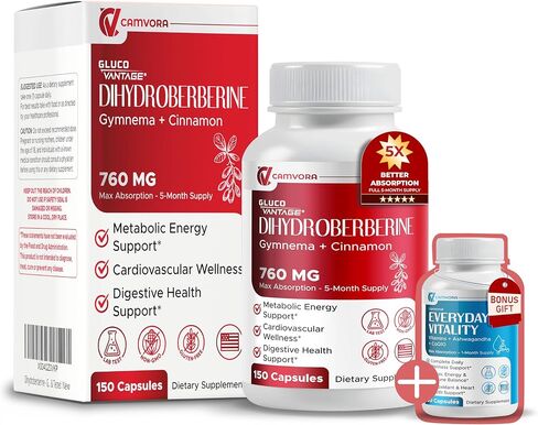 Dihydroberberine - Glucovantage - Super Berberine 760 mg مع صالة القرفة فينجيما الحلبة - الحد الأقصى للامتصاص - دعم صحة الأمعاء ، التمثيل الغذائي - غير الكائنات المعدلة وراثيًا ، خالية من الغلوتين - مصنوعة واختبارها في الولايات المتحدة الأمريكية in Saudi Arabia