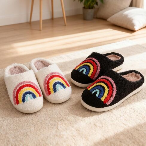 Kids Rainbow Hearts Slippers Girls Cute House Slippers Plush Slip on Shoes in Saudi Arabia