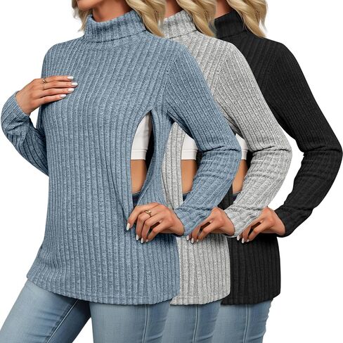3 Pack Women Turtleneck Nursing Tops, Breastfeeding Maternity Shirts Long Sleeve Ribbed Sweaters with Hidden Zips in Saudi Arabia