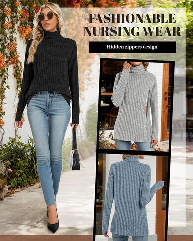 3 Pack Women Turtleneck Nursing Tops, Breastfeeding Maternity Shirts Long Sleeve Ribbed Sweaters with Hidden Zips in Saudi Arabia