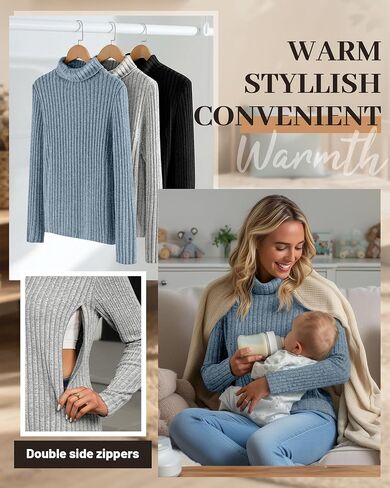3 Pack Women Turtleneck Nursing Tops, Breastfeeding Maternity Shirts Long Sleeve Ribbed Sweaters with Hidden Zips in Saudi Arabia