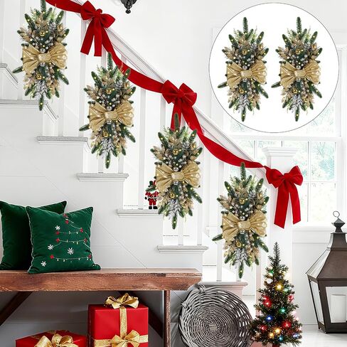 ipopu 4pcs 24in Gold Christmas Swags cordless Prelit Seardrop Swag ، زخارف الدرج عيد الميلاد تضيء اكلي in Saudi Arabia