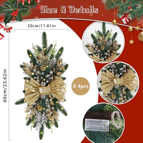ipopu 4pcs 24in Gold Christmas Swags cordless Prelit Seardrop Swag ، زخارف الدرج عيد الميلاد تضيء اكلي in Saudi Arabia