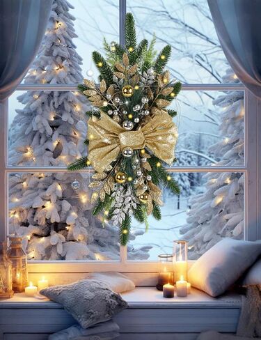 ipopu 4pcs 24in Gold Christmas Swags cordless Prelit Seardrop Swag ، زخارف الدرج عيد الميلاد تضيء اكلي in Saudi Arabia