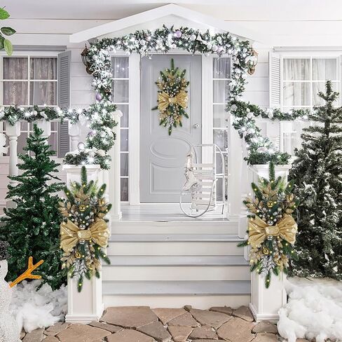 ipopu 4pcs 24in Gold Christmas Swags cordless Prelit Seardrop Swag ، زخارف الدرج عيد الميلاد تضيء اكلي in Saudi Arabia