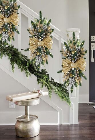 ipopu 4pcs 24in Gold Christmas Swags cordless Prelit Seardrop Swag ، زخارف الدرج عيد الميلاد تضيء اكلي in Saudi Arabia
