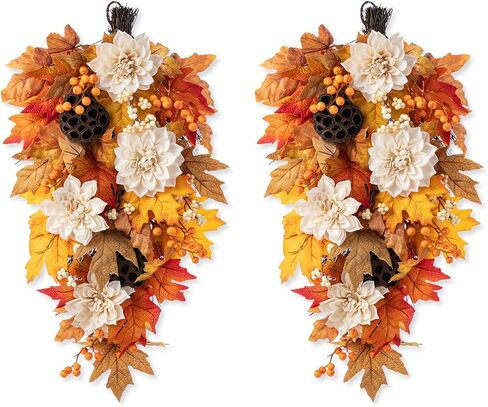 Glitzhome 2pcs غنيمة اليقطين السقوط مع قاعدة العنب ، التوت فو وزخرفة جراب اللوتس ، 25 "H خريف القيقب يترك غنيمة لديكور جدار الخريف in Kuwait