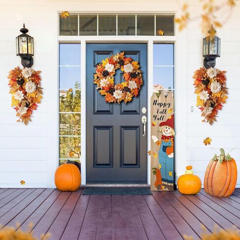 Glitzhome 2pcs غنيمة اليقطين السقوط مع قاعدة العنب ، التوت فو وزخرفة جراب اللوتس ، 25 "H خريف القيقب يترك غنيمة لديكور جدار الخريف in Kuwait
