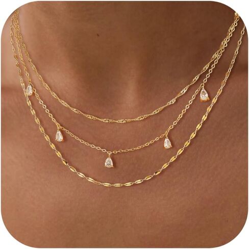 Layered Necklaces for Women, Dainty Gold Necklace Stack 14k Gold Plated Layering Cubic Zirconia Choker Necklaces for Women Trendy Simple Layered Gold Necklace Set Fashion Jewelry in Saudi Arabia