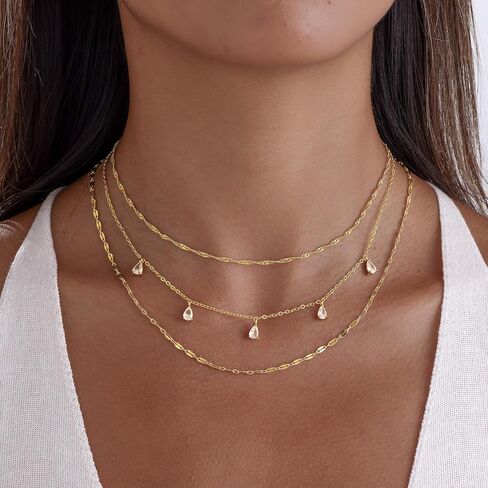 Layered Necklaces for Women, Dainty Gold Necklace Stack 14k Gold Plated Layering Cubic Zirconia Choker Necklaces for Women Trendy Simple Layered Gold Necklace Set Fashion Jewelry in Saudi Arabia