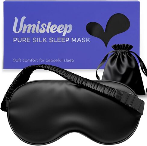 umisleep 100 ٪ قناع نوم حرير نقي التوت ، 22 ألياف ناعمة وسلسة ، قناع العين المتنفس للنساء والرجال ، قناع نوم أفضل لحظر الخفيفة مع حقيبة سفر ، عصبون قابل للتعديل ، أسود ، أسود in Kuwait