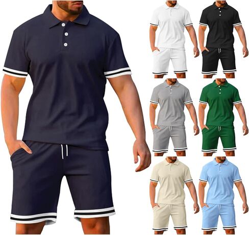 Mens Short Sets 2 Piece Outfits Fashion Summer Casual Polo Shirts Track Shorts Slim Fit Athletic Sports Sweatsuit in Saudi Arabia