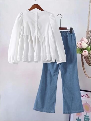 Oyoangle Girl's Fall Assits 2 قطعة طويلة الأكمام العيينة Babydoll Top and Flare Jeans in Saudi Arabia
