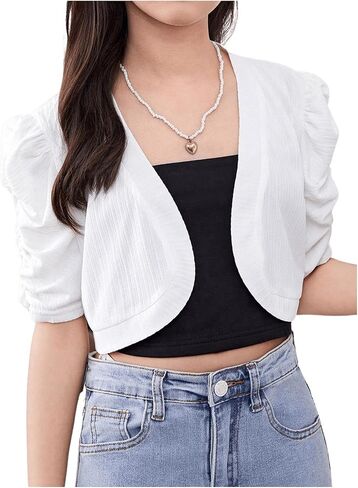 Oyoangle Girl's Puff Short Sleeve Cardigan Cardigan مفتوحًا Bolero Cardigans in Saudi Arabia