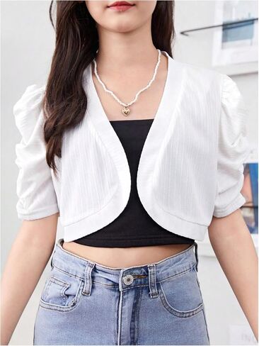 Oyoangle Girl's Puff Short Sleeve Cardigan Cardigan مفتوحًا Bolero Cardigans in Saudi Arabia