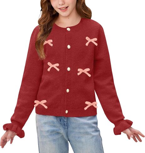 Besserbay Girl Fall 3D Bow Button أسفل الكشكش متماسك طويل الأكمام سترة سترة كارديجان 6-14 سنة in Saudi Arabia