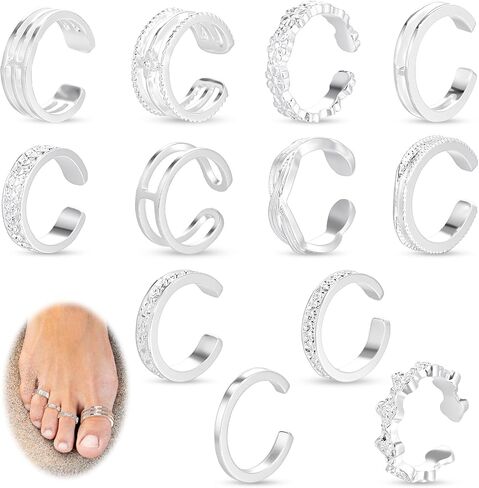 12PCS Silver Toe Rings Adjustable Toe Rings for Women Summer Toe Rings Set, Simple Style Beach Foot Jewelry Set in Saudi Arabia