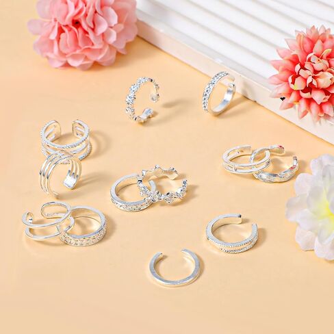 12PCS Silver Toe Rings Adjustable Toe Rings for Women Summer Toe Rings Set, Simple Style Beach Foot Jewelry Set in Saudi Arabia