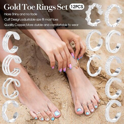 12PCS Silver Toe Rings Adjustable Toe Rings for Women Summer Toe Rings Set, Simple Style Beach Foot Jewelry Set in Saudi Arabia