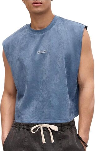 GORGLITTER Men's Letter Patched Washed Cropped Top Crewneck Sleeveless Street Tank Tops in Saudi Arabia