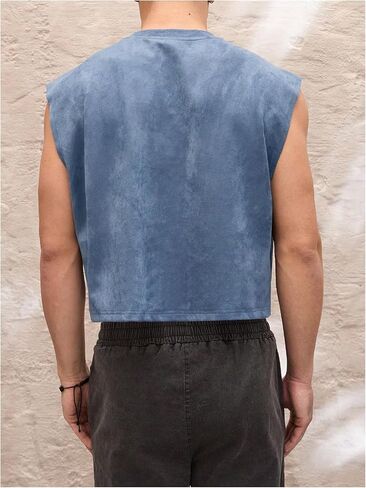 GORGLITTER Men's Letter Patched Washed Cropped Top Crewneck Sleeveless Street Tank Tops in Saudi Arabia