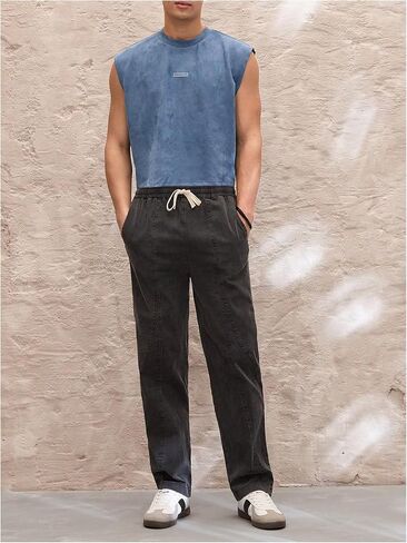 GORGLITTER Men's Letter Patched Washed Cropped Top Crewneck Sleeveless Street Tank Tops in Saudi Arabia
